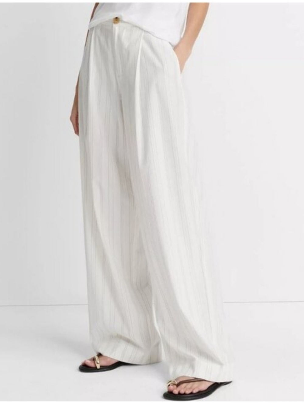 Vince Striped Pleated Wide Leg Trousers Women’s Size 10 White Beige Lightweight - Picture 4 of 10